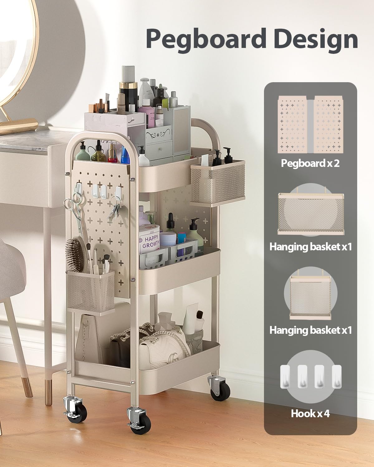 ALVOROG 3 Tier Rolling Cart with DIY Pegboards Metal Utility Cart with Wheels Handles Baskets Hooks, Craft Cart for Office Kitchen Bathroom(Khaki) ALVOROG