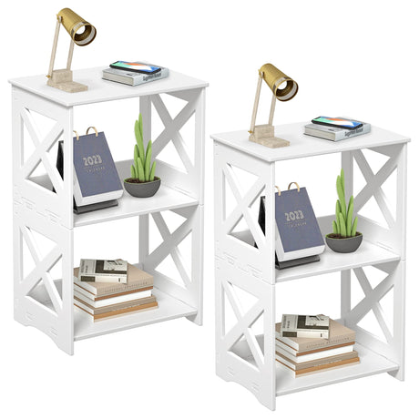 BYFU 3-Tier Side Table Set of 2, Narrow End Table with Storage Shelf, White Nightstand Bedside Table Small Bookshelf Bookcase Display Rack for Bedroom Bathroom Living Room Office BYFU