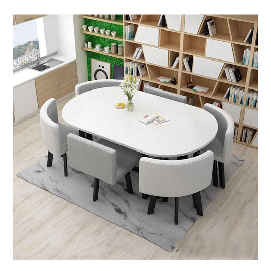 TISTIK Oval Conference Dining Table and 6 Chairs Pu Seat Surface, Wooden Table Top and Metal Frame Business Office Reception Table Set