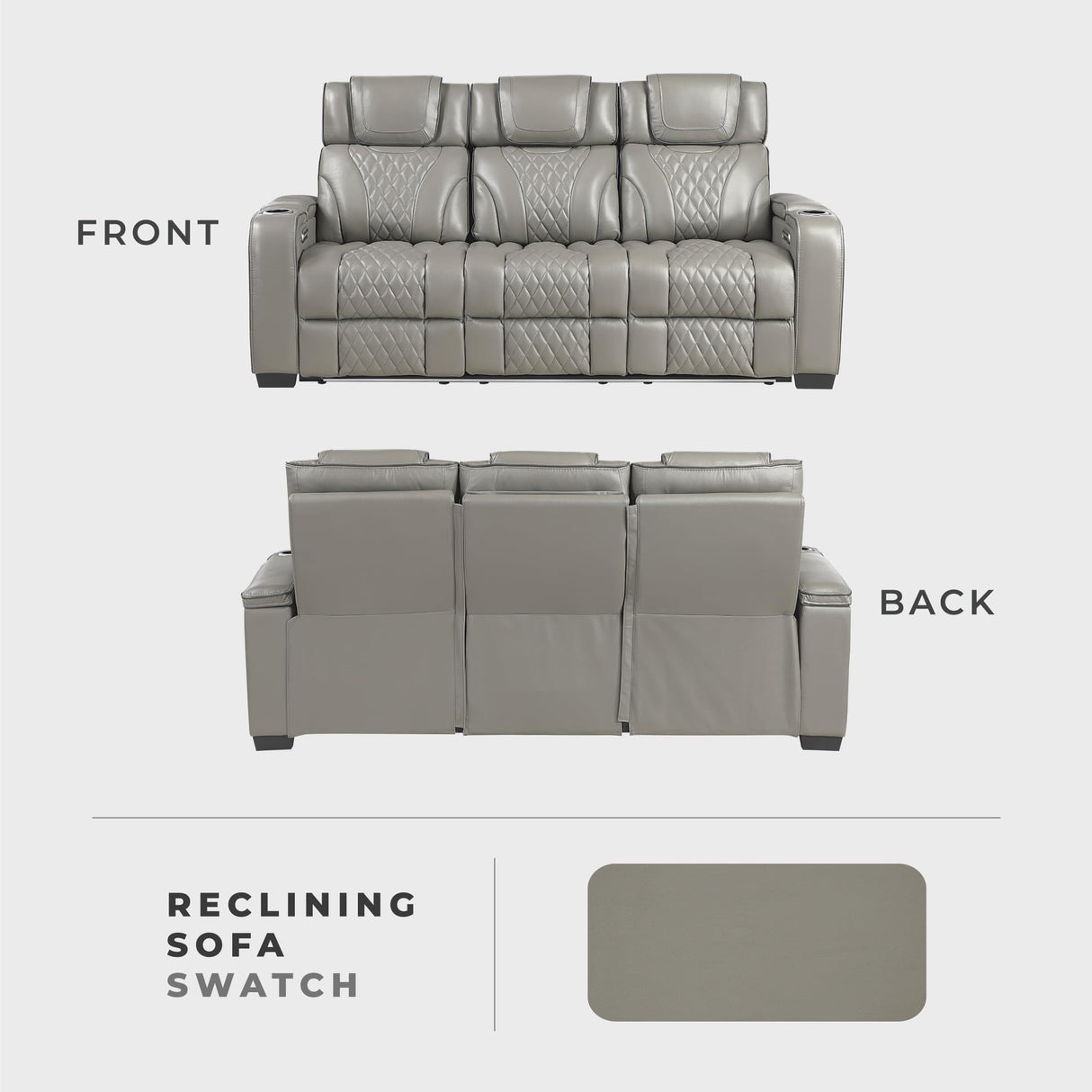Lexicon Power Double Reclining Sofa, Center Drop-Down Table with Heat/Massage/Headrest/Storage Arms/Cup Holders/LED Lights/Wireless Charging, Top Grain Leather Match Wall Hugger Recliner Sofa, Grey Lexicon