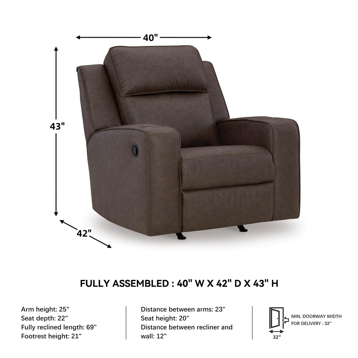 Signature Design by Ashley Lavenhorne Contemporary Faux Leather Upholstered Manual Rocker Recliner with 2 Cup Holders, Dark Brown Signature Design by Ashley