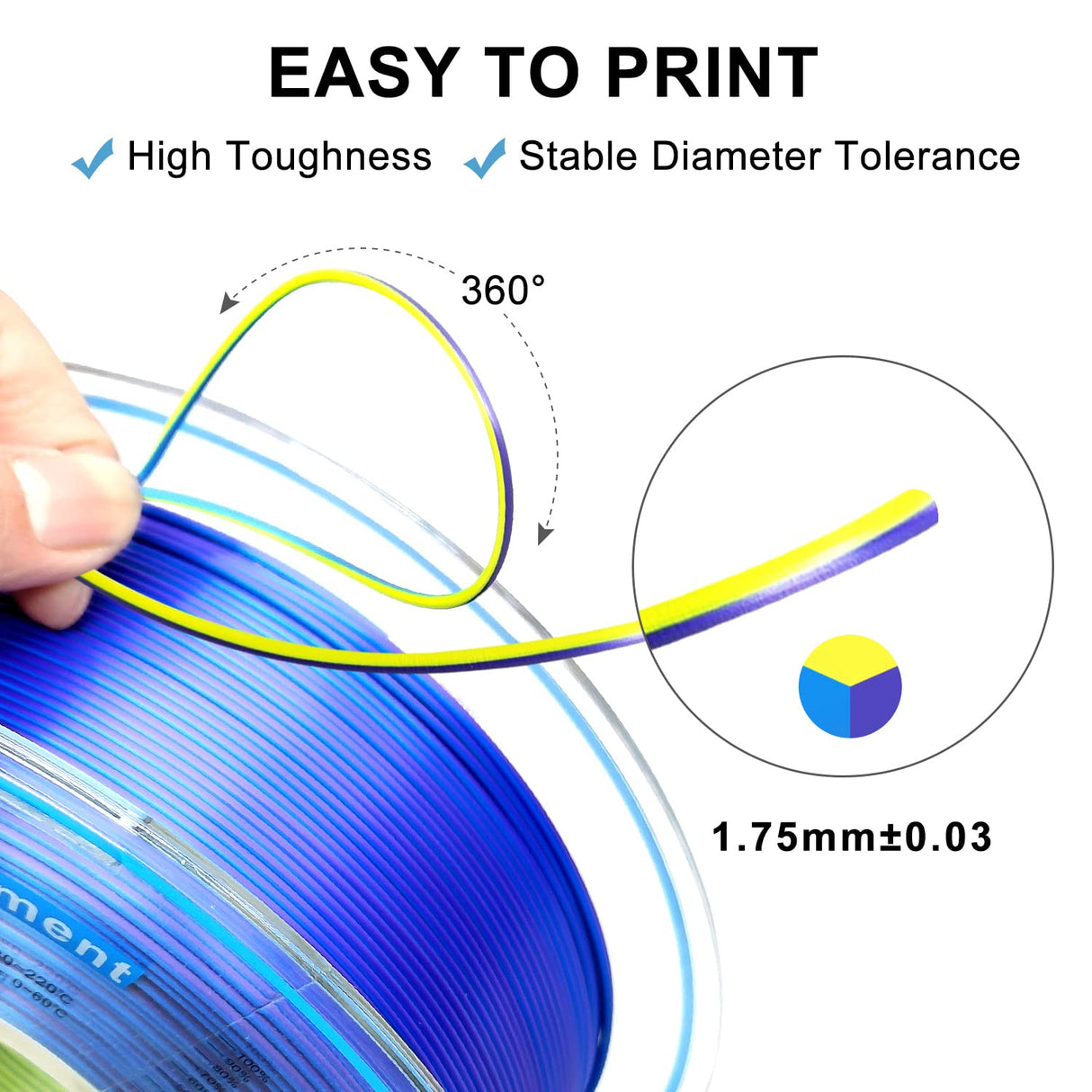 YOUSU 3D Printer Filament, Tri-Colors PLA Filament 1.75mm, Coextrusion Silk PLA Filament, Rainbow PLA Filament with Silk PLA Blue-Purple-Yellow, 3D Printing Filament +/-0.02mm, 1kg/2.2lbs Yousu