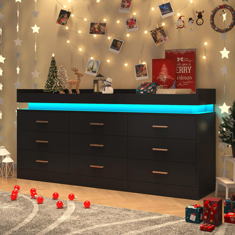 Hlivelood 9 Drawer Dresser with LED Light, Modern Chest of Drawers for Closet, Wide Drawer Organizer Cabinet for Bedroom, Living Room, Entryway, Hallway(9 Drawer Black) Hlivelood