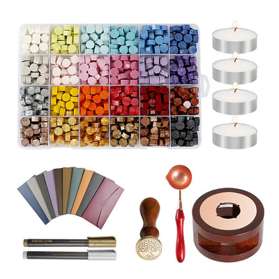 Wax Seal Stamp Kit 24 Colors and 600 Pcs Beads with Sealing Wax Warmer, Stamp,Spoon, Metallic Pen and Envelope, for Spring Gift and Decoration (24Grid-6IN1)