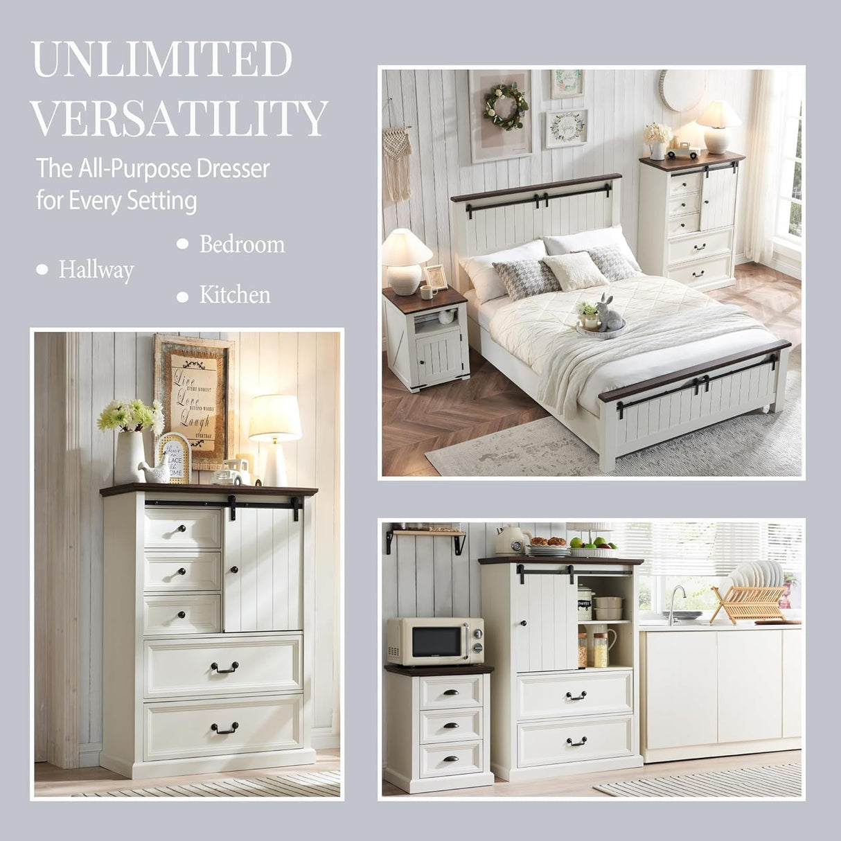 IFGET Farmhouse 5 Drawers Dresser for Bedroom, 47" Tall Chest of Drawers w/Sliding Barn Door, Rustic Wood Dressers Organizer w/Adjustable Shelves for Bedroom, Living Room, Kitchen-Antique White IFGET