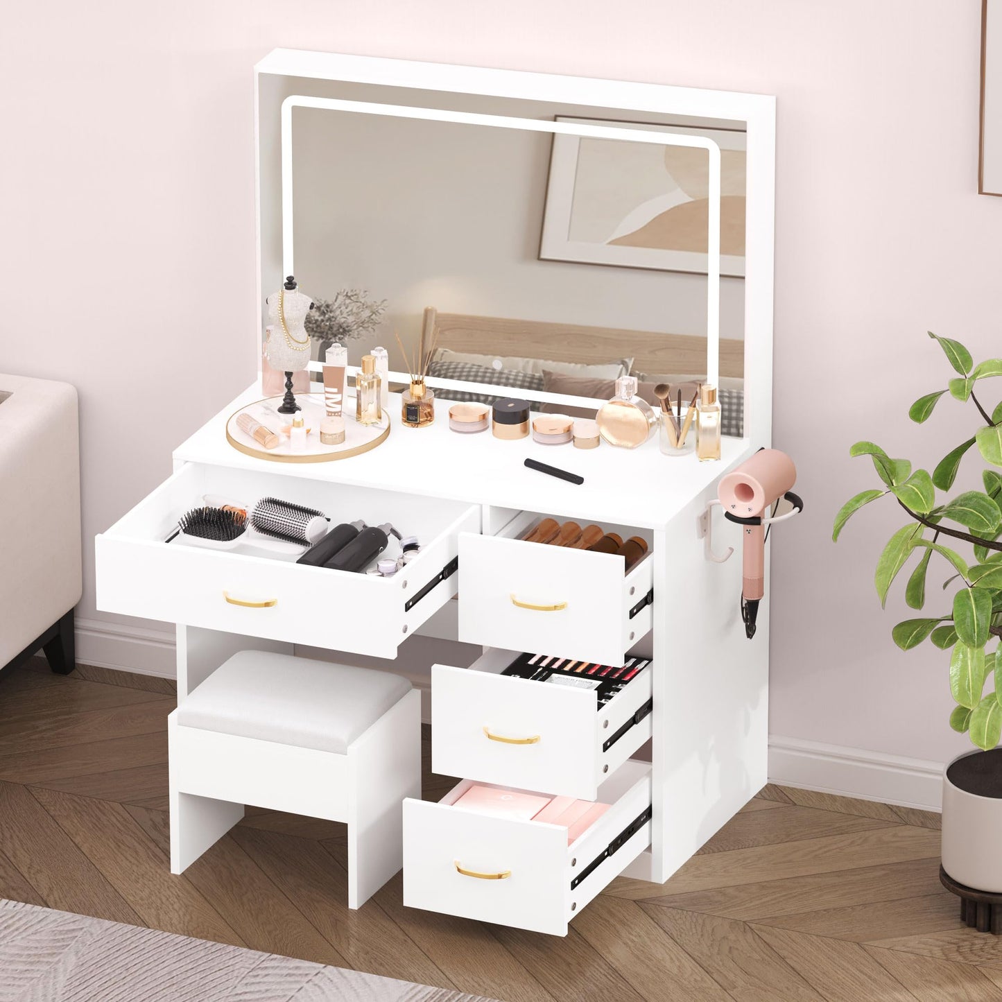 YITAHOME Makeup Vanity Table Set with Cushioned Stool, Large LED Mirror with 3 Color Lighting Modes, Power Outlets, and 4 Drawers