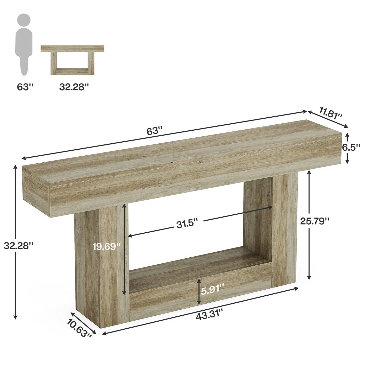 Tribesigns 63" Console Table, Farmhouse 2-Tier Entryway Table with U-Shaped Base, Narrow Long Wood Sofa Table Behind Couch Table for Living Room, Hallway, Foyer, Light Gray