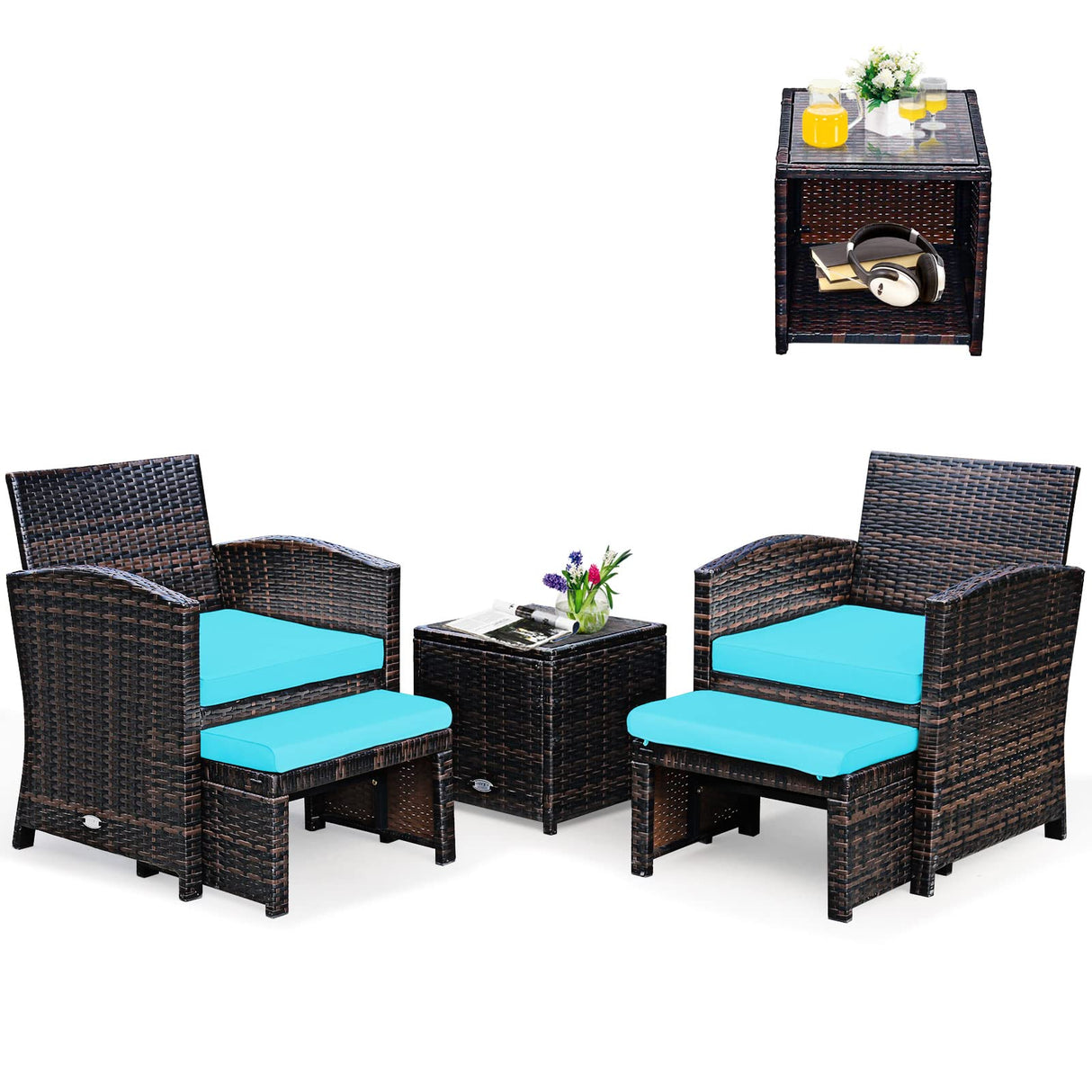 Tangkula 5 Pieces Patio Rattan Furniture Set, Outdoor Conversation Set with Cushioned Chair & Ottoman & Tempered Glass Coffee Table, Patio Sofa Sets for Garden, Backyard, Poolside (Turquoise) Tangkula