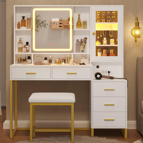 BTHFST Makeup Vanity with Upholstered Stool & Charging Station, Vanity Desk with Mirror and Lights, Vanity Table Set with Jewelry Storage & RGB Lights & 5 Drawers & Shelves, White & Gold BTHFST