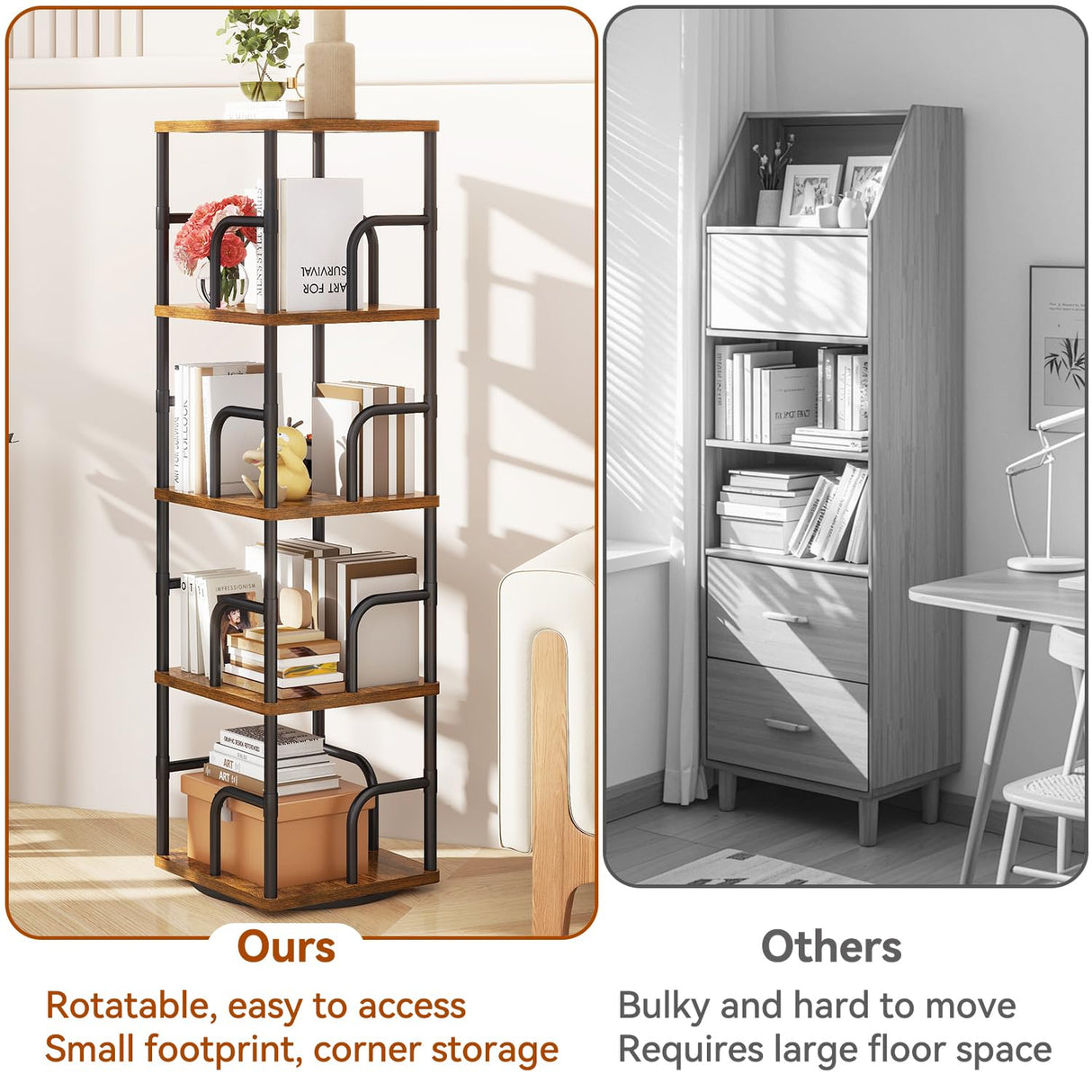 IBUYKE 5 Tier Square Rotating Bookshelf, 360° Spinning Bookcases Tower,Freestanding Corner Bookshelf with Rails,Industrial Swivel Bookcase Organizer for Bedroom, Living Room,Study,Brown,UTBC004H