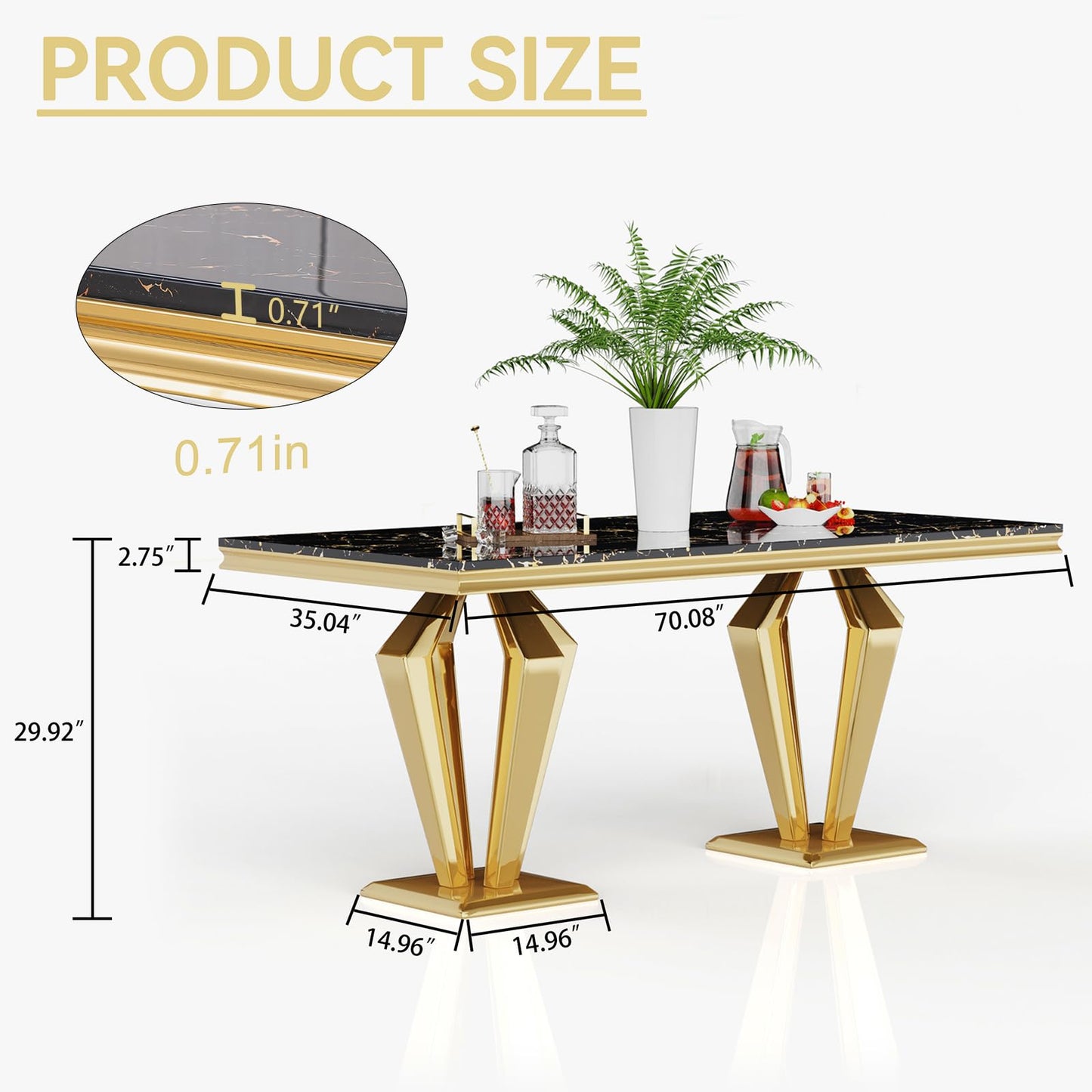 70'' Marble Dining Table,Luxury Rectangular Kitchen Dining Room Table,Dining Table for 4-8 People with Gold U-Shape Stainless Steel Base for Dining Room, Kitchen (Black & Gold-4) - WoodArtSupply