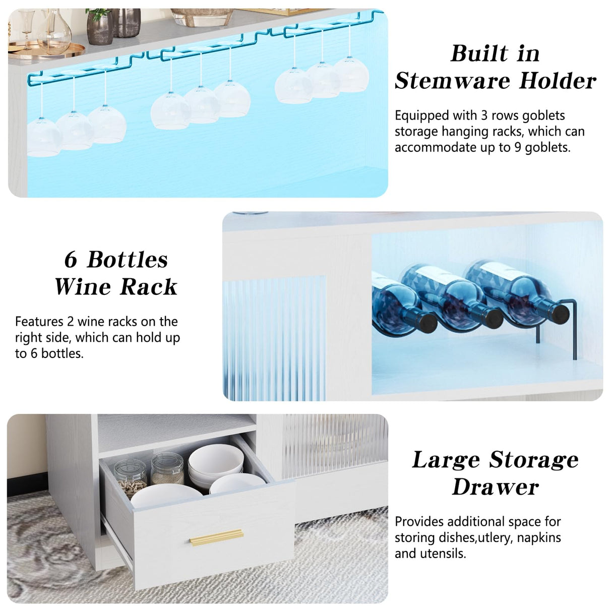 Wine Bar Cabinet with LED Light,with Wine and Glass Rack, Modern Kitchen Coffee Bar Cabinet with Storage, Buffet Sideboard with Drawers(White, Large) amzzar