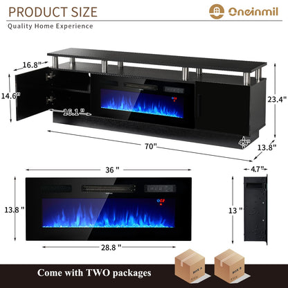 oneinmil 70" Modern Electric Fireplace TV Stand for TVs Up to 80 inch, with Electronic Flame and LED Lights, Luxury High Gloss Finish Entertainment Center, TV Console Cabinet for Living Room, Black