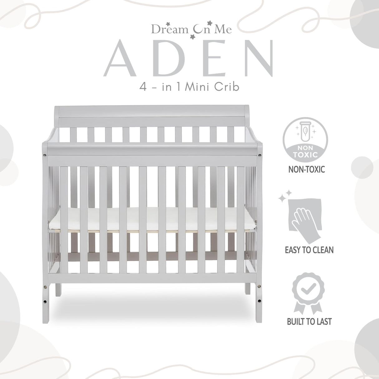 Dream On Me Aden 4-in-1 Convertible Mini Crib In Grey, Greenguard Gold Certified, Non-Toxic Finish, New Zealand Pinewood, With 3 Mattress Height Settings Dream On Me
