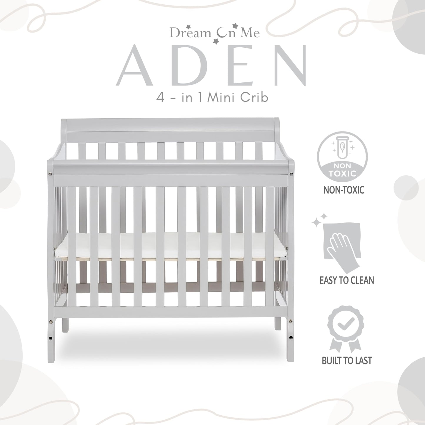 Dream On Me Aden 4-in-1 Convertible Mini Crib In Grey, Greenguard Gold Certified, Non-Toxic Finish, New Zealand Pinewood, With 3 Mattress Height Settings - WoodArtSupply