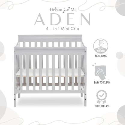 Dream On Me Aden 4-in-1 Convertible Mini Crib In Grey, Greenguard Gold Certified, Non-Toxic Finish, New Zealand Pinewood, With 3 Mattress Height Settings