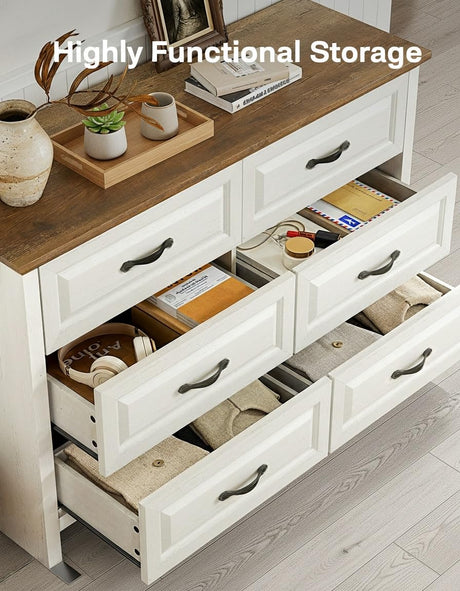 Marsail Farmhouse 6 Drawer Dresser, Wood Chest of Drawers with Natural Texture, Smooth Gliding Drawers, Versatile Storage Organizer Cabinet for Bedroom & Living Room, White and Brown Marsail