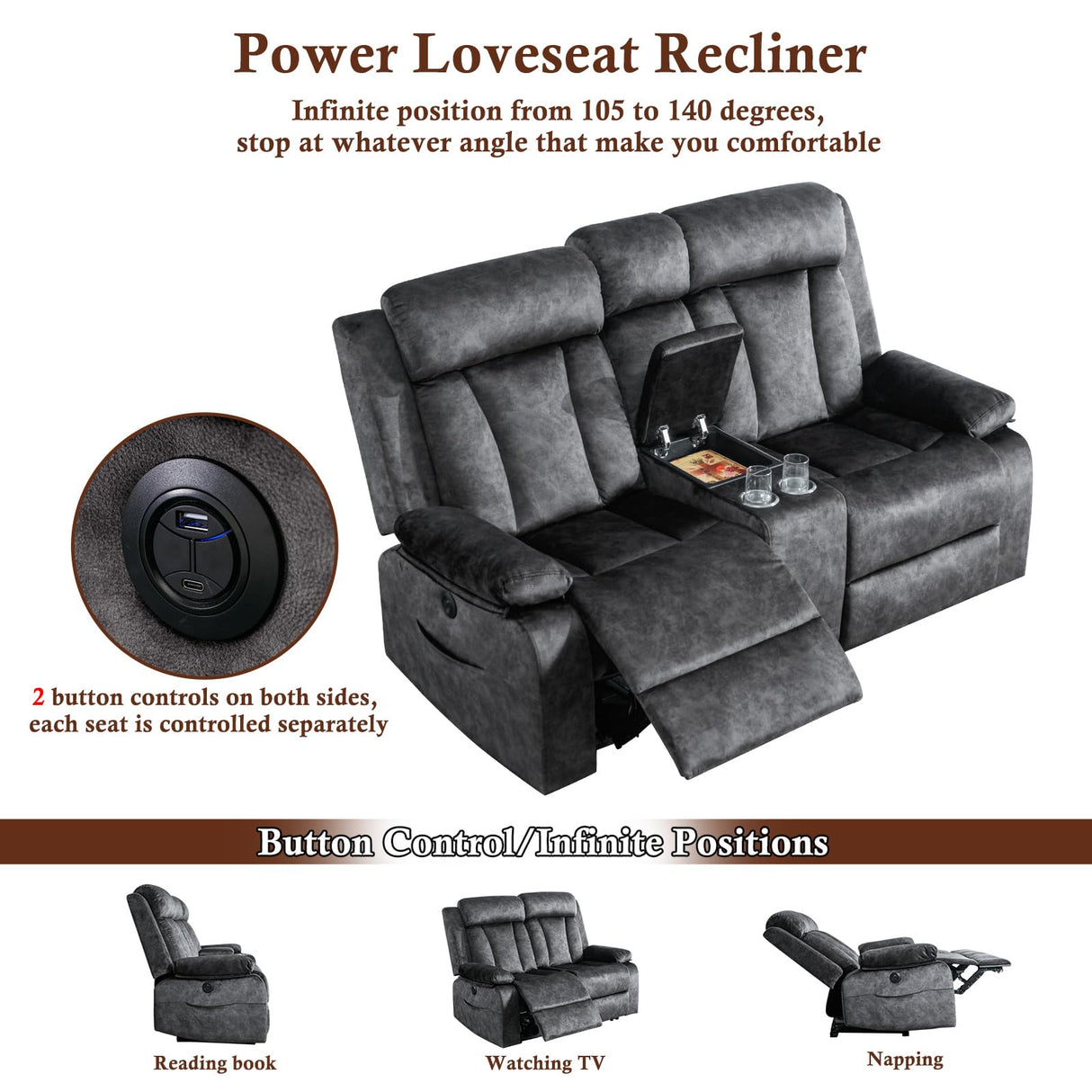 GUEAPY Reclining Loveseat-Power Reclining Loveseat with Console,Love Seat Recliner Sofa,Dual Reclining loveseat with Heat and Massage,Cup Holders, USB & Type-C Charge Ports,Pocket, for Living Room GUEAPY