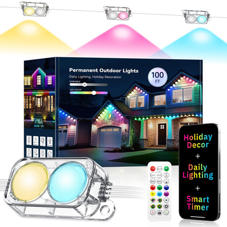 lemonlovely Permanent Outdoor Lights Pro, 100ft with 50 IC+RGBCW LED Smart Eaves Lights, Dual Lens, IP67 Waterproof Halloween Christmas Lighting for Daily and Holiday Decorations, DIY Scene Mode lemonlovely