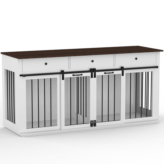 BTDWI Dog Crate Indoor Furniture for 2 Dogs, 71.6'' Dog Kennel with 3 Drawers and Sliding Doors, Heavy Duty Wooden Dog Cage for Large Medium Small Dogs, White