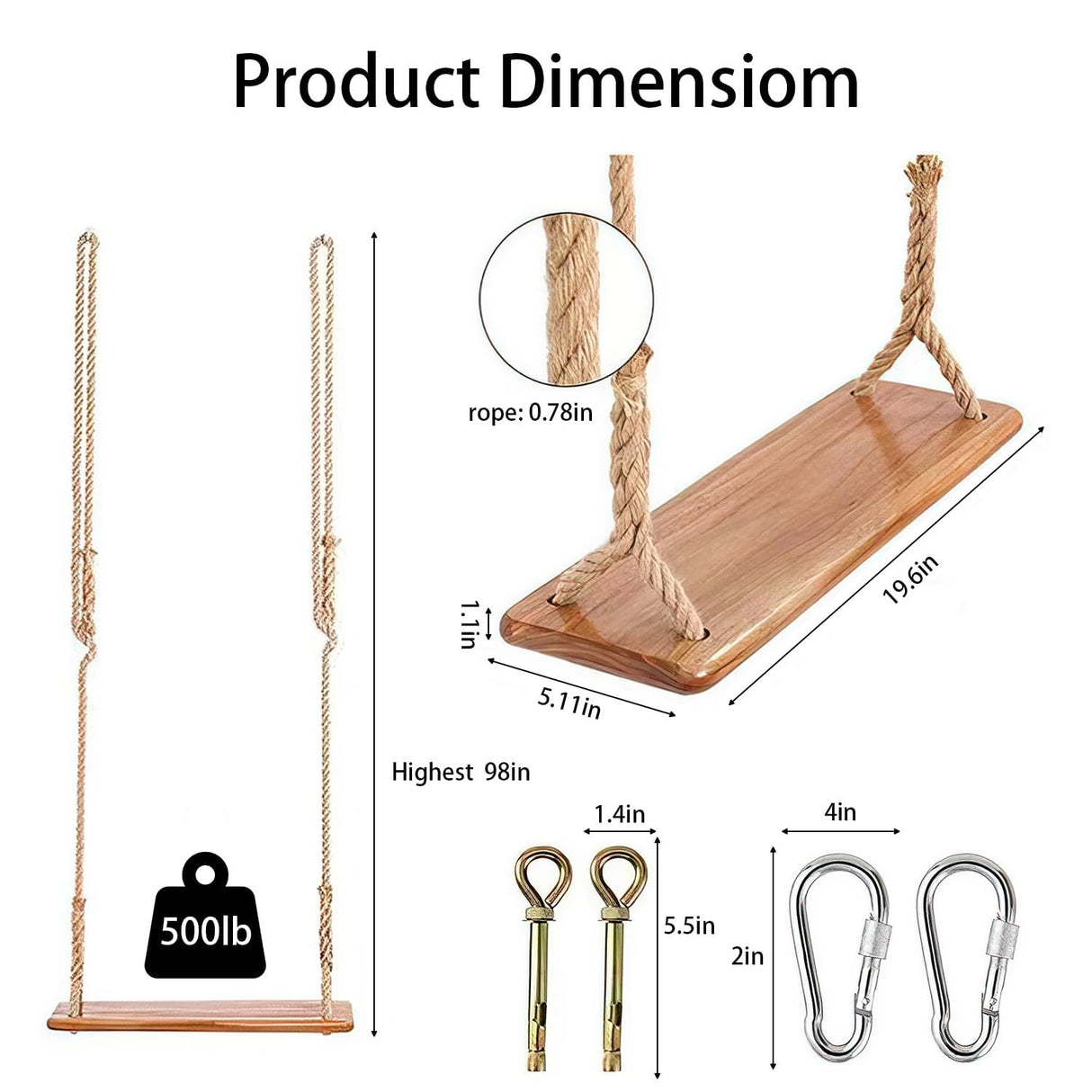 Hanging Wooden Swing, Swing Seat 19.7"x 5.1"× 1.2", Tree Swings for Adults and Kids Outdoor, Adjustable Hemp Rope Plus Tree Straps 80 inch, Kids Swing with 500lbs Load, Rope Swing, Indoor Swing Set DJMUMU