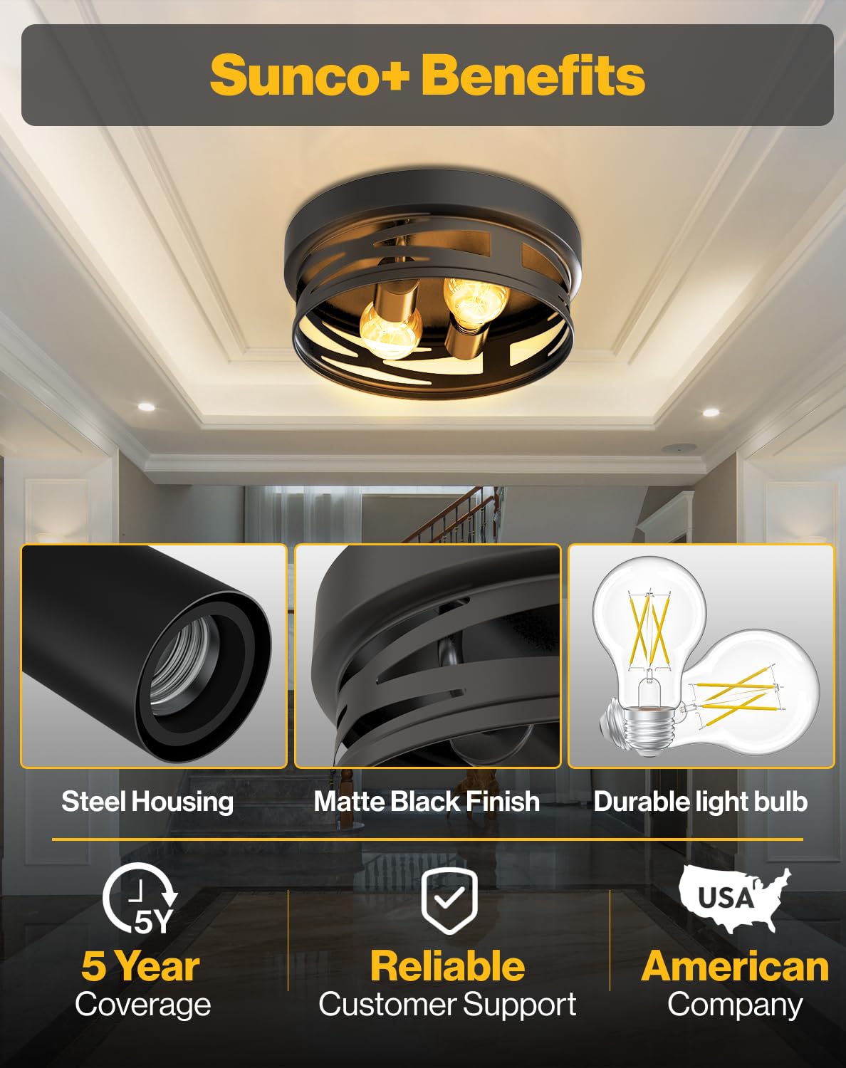 Sunco Flush Mount Ceiling Light, Farmhouse Light Fixtures, Hallway Ceiling Light Arcadia Industrial, 11" Diameter, 800 LM, Dimmable A19 Edison LED Bulbs Included, E26 Base, 8.5W=60W UL/ETL/T20 2 Pack Sunco Lighting