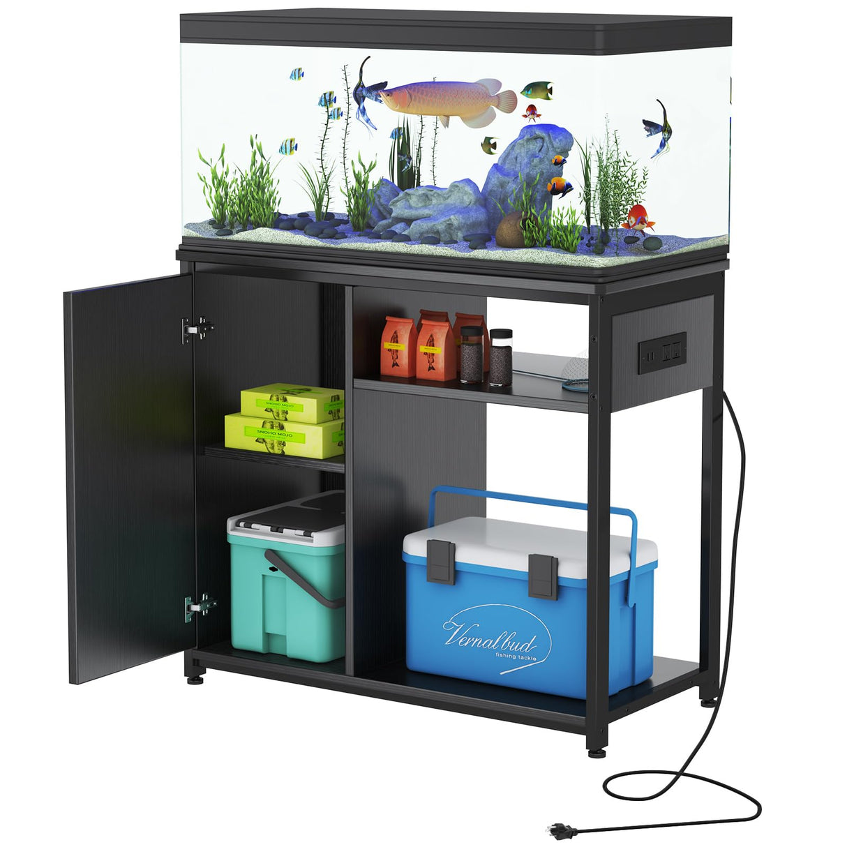 ZERDER Aquarium Stand with USB and AC Power Strip, Cabinet for Fish Tank Accessories Storage, Heavy Duty Metal Fish Tank Stand for Turtle Tank (Black, 40-50 Gallons) ZERDER
