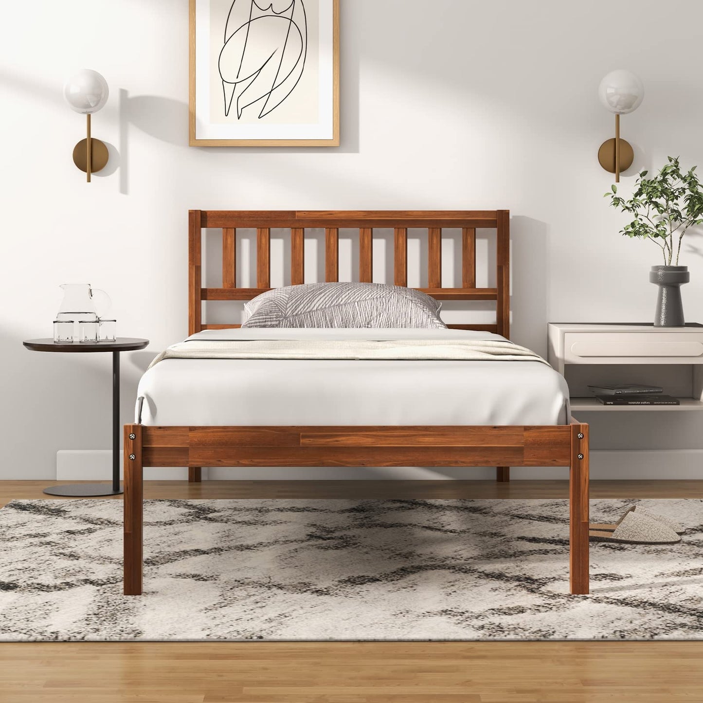 Giantex Wood Twin Bed Frame with Headboard, Mid Century Platform Bed with Wood Slat Support, Solid Wood Foundation, 12 Inch Height for Under Bed Storage, Easy Assemble, Walnut - WoodArtSupply