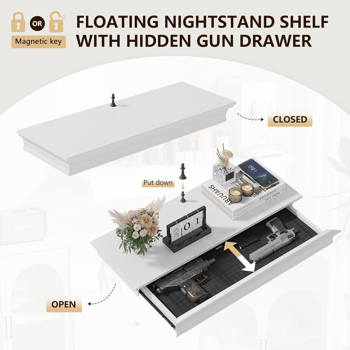 Eylar Intact Secret Home Decor with Hidden Storage, Floating Night Stand with Gun Drawer, Space-Saving Gun Shelf for Bedroom, Hallway, Office, Solid Wood (White) Eylar