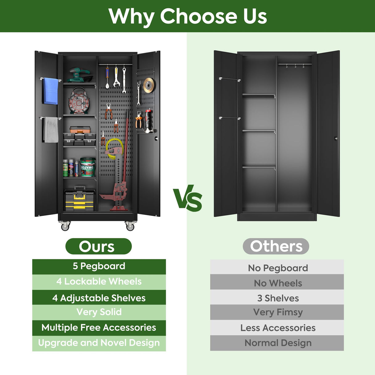 Reemoon Broom Closet Storage Cabinet with Wheels and Pegboard,Metal Garage Storage Cabinet with Doors and Adjustable Shelves for Garage Home,Required Assembly,Black Reemoon