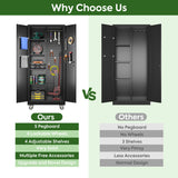 Reemoon Broom Closet Storage Cabinet with Wheels and Pegboard,Metal Garage Storage Cabinet with Doors and Adjustable Shelves for Garage Home,Required Assembly,Black Reemoon