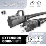 HUANCHAIN Indoor Outdoor Black Extension Cord 100 ft Waterproof, 16/3 Gauge Flexible Cold-Resistant Appliance Extension Cord Outside, 10A 1250W 16AWG SJTW, 3 Prong Heavy Duty Electric Cord, ETL huanchain