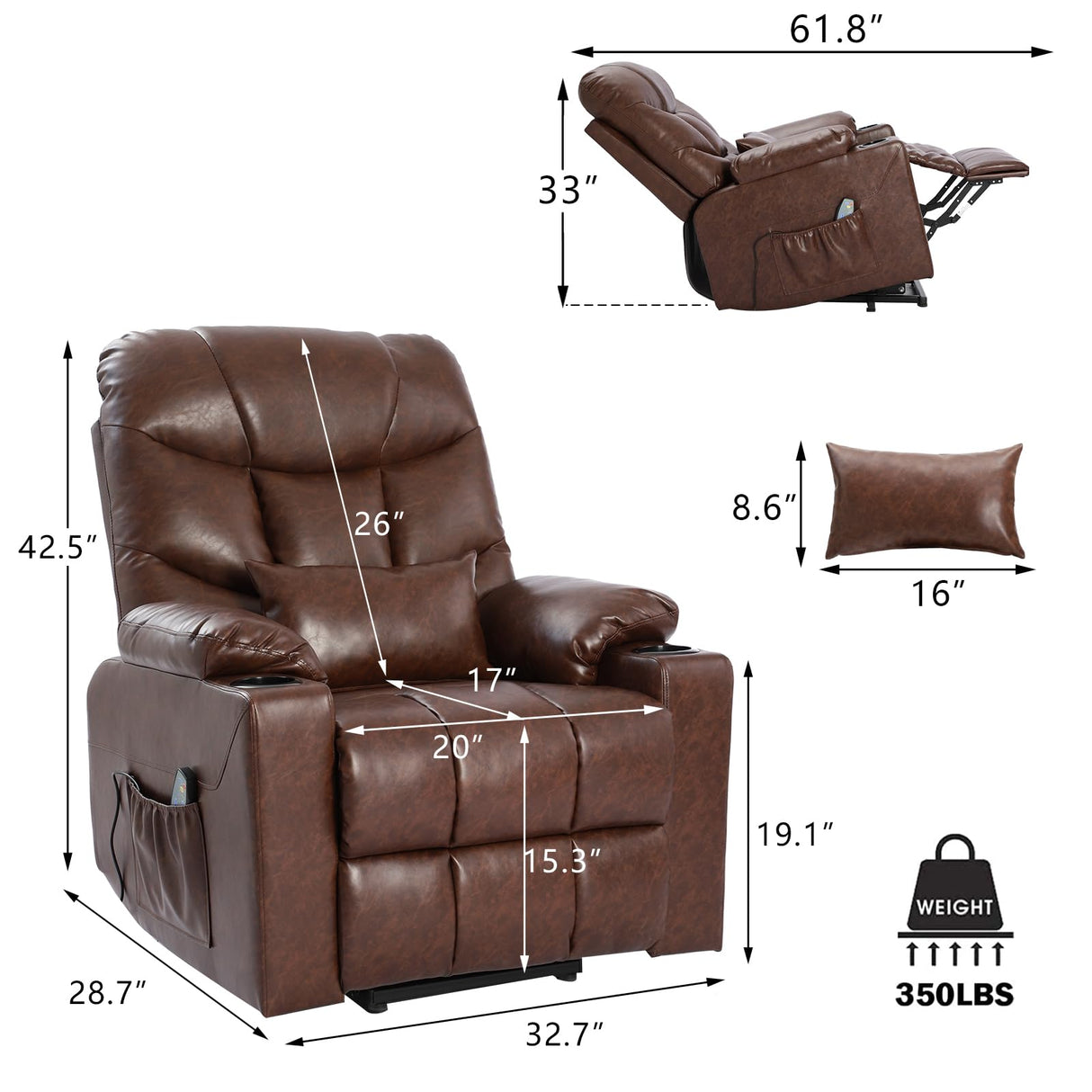 URRED Power Lift Recliners for Elderly, Electric Lift Chair with Massage and Heat, PU Leather Recliner Chair for Living Room (Brown) URRED