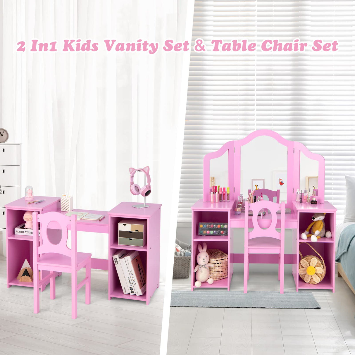 INFANS Kids Vanity, 2 in 1 Princess Makeup Desk & Chair Set with Tri-Folding Detachable Mirror, Large Storage Shelves, Wooden Pretend Play Dressing INFANS