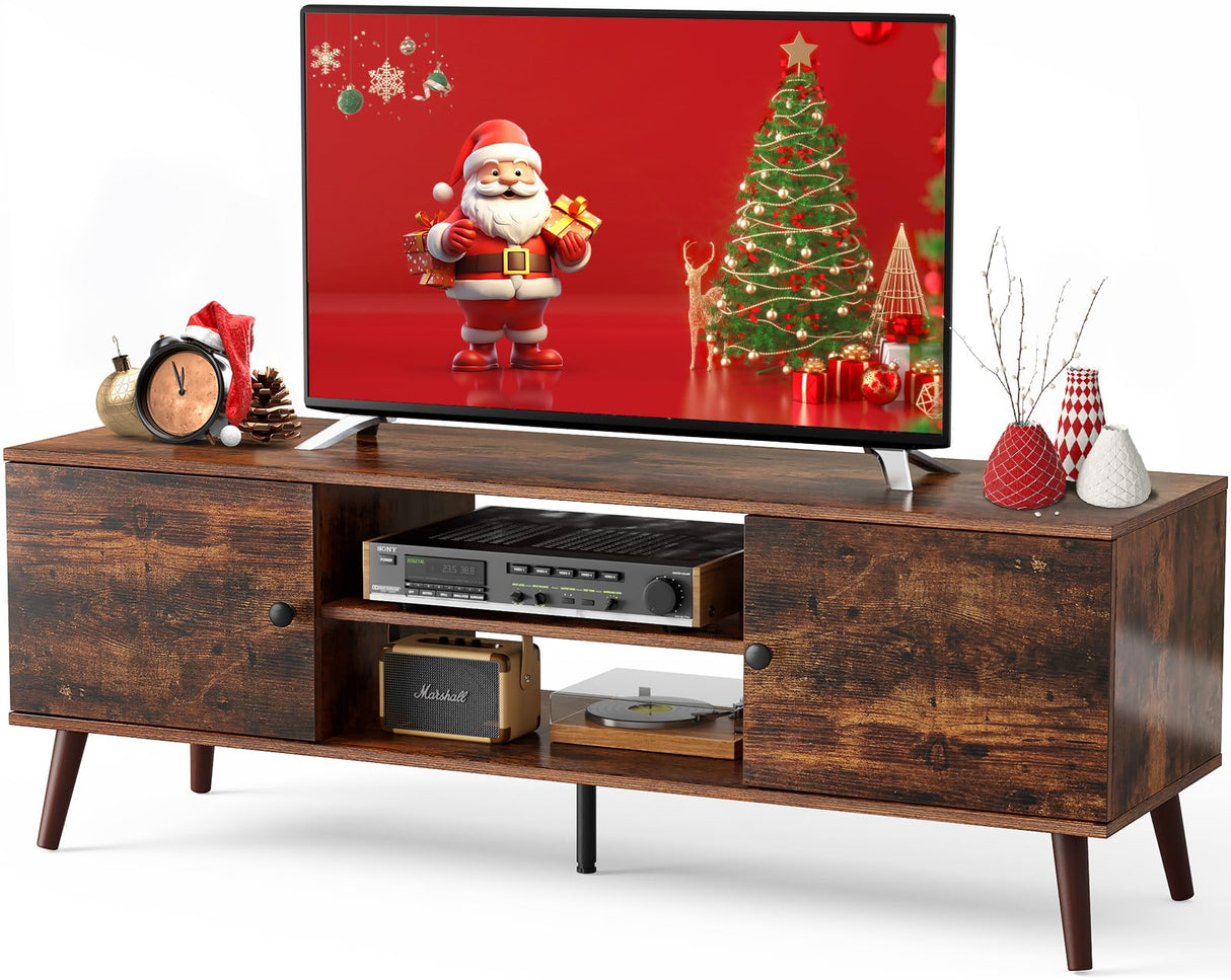 DUMOS TV Stand for 55 60 inch TV, Entertainment Center with Storage Cabinet, Mid Century Modern Media Console Table, Adjustable Hinge, Wooden Television Furniture for Living Room, Office - Brown DUMOS