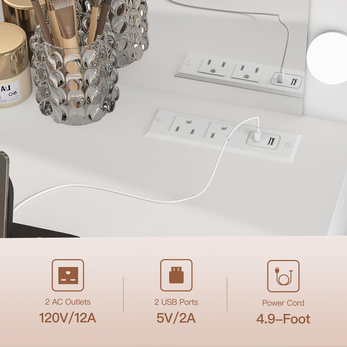 FIONESO 47.2" Large Vanity Desk with Mirror & 14 LED Lights, Makeup Vanity Table with 5 Drawers & Charging Station, Makeup Vanity Desk, 3 Lighting Colors, Dressing Vanity Table for Bedroom, White FIONESO