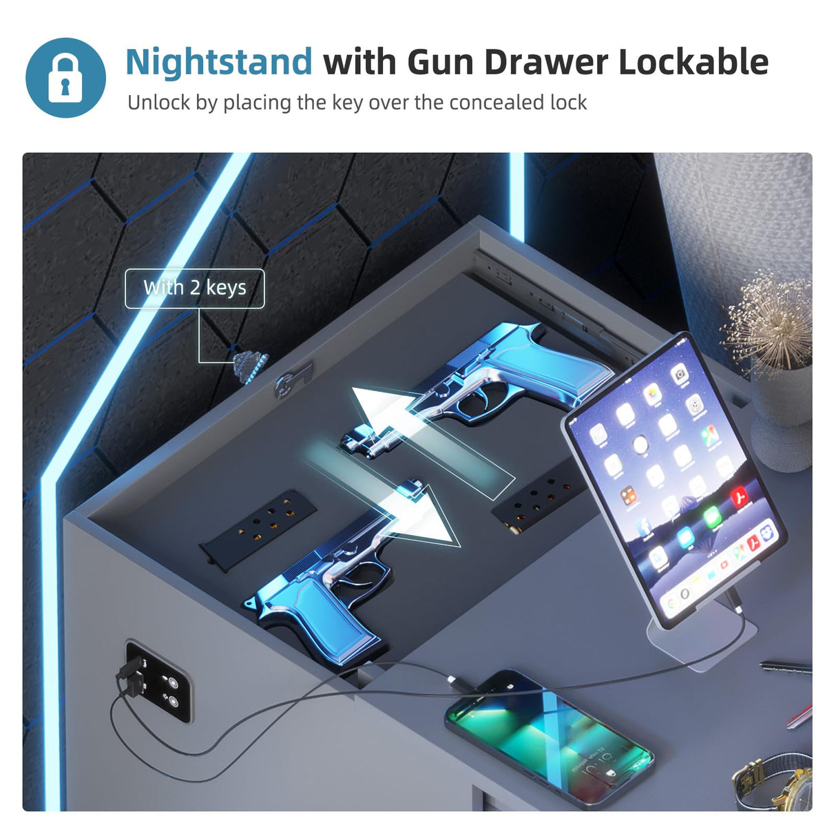 Gurexl LED Nightstand with Gun Drawer, Modern Beside Table with Charging Station, Auto Sensor 3 Color Dimmable Night Stand with Open Compartment for Bedroom (Grey) Gurexl