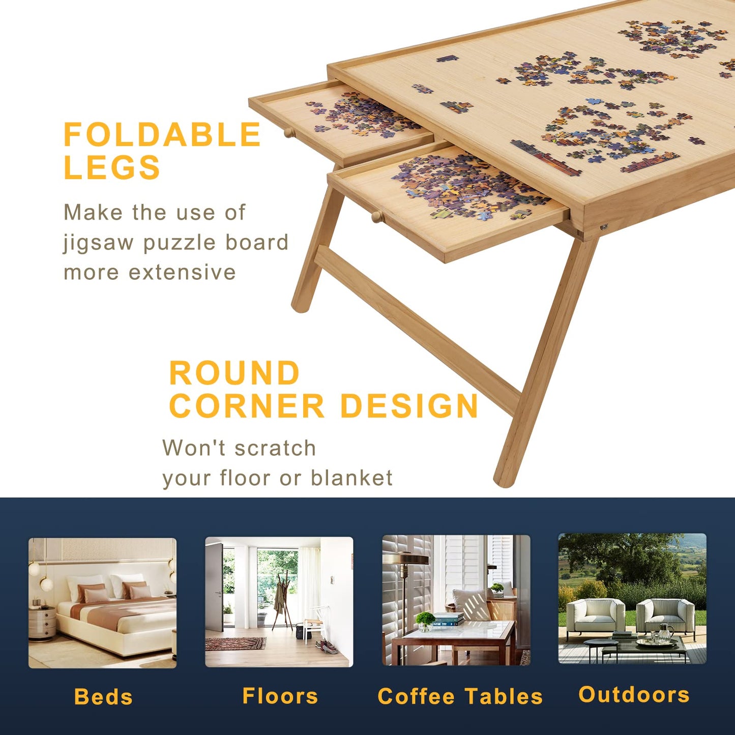 TEAKMAMA 1500 Piece Wooden Jigsaw Folding Puzzle Board, Puzzle Table with Legs and Protective Cover, 34” X 26.3” Jigsaw Puzzle Board with 4 Drawers & Cover, Portable Puzzle Tables for Adults  - WoodArtSupply