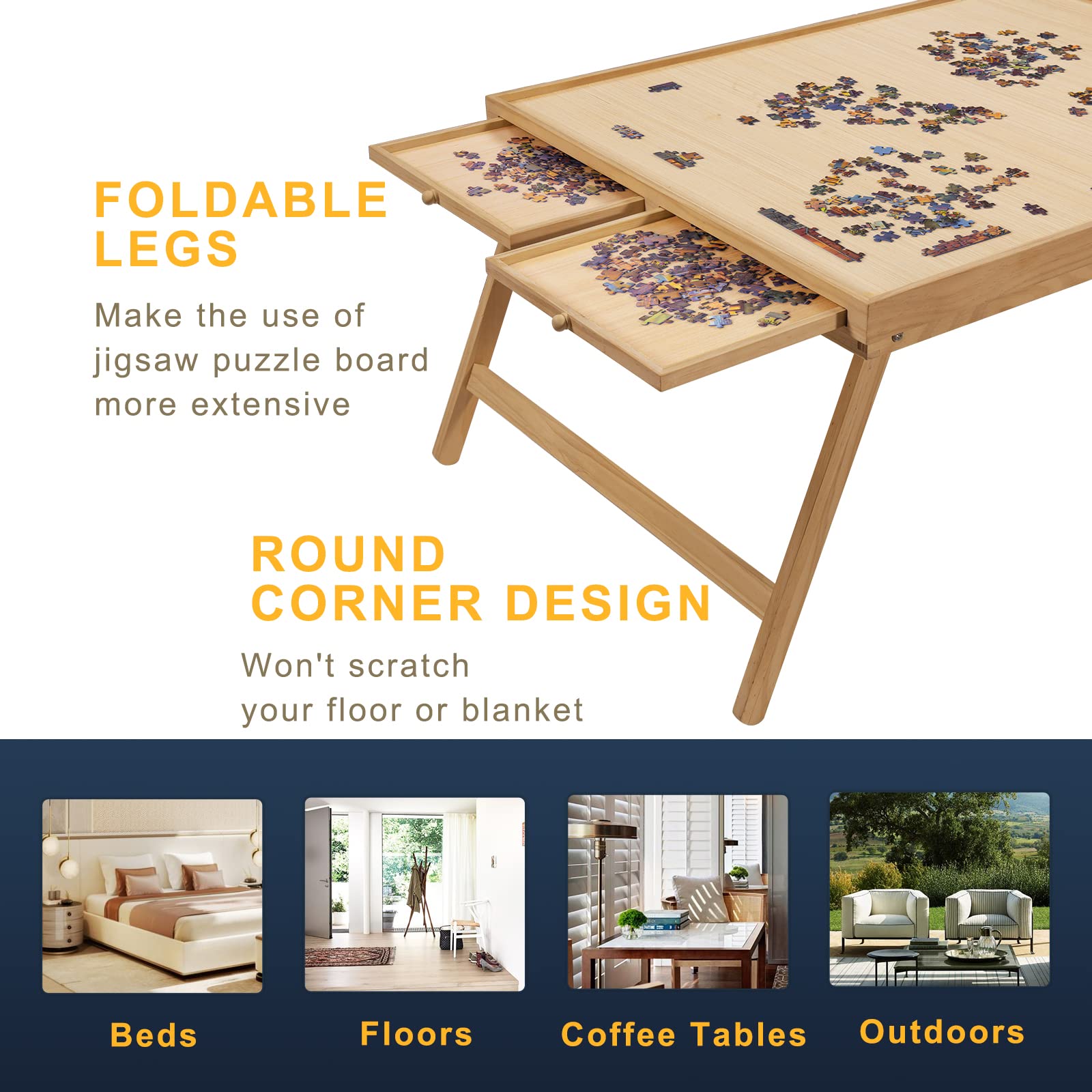 TEAKMAMA 1500 Piece Wooden Jigsaw Folding Puzzle Board, Puzzle Table with Legs and Protective Cover, 34” X 26.3” Jigsaw Puzzle Board with 4 Drawers & Cover, Portable Puzzle Tables for Adults  - WoodArtSupply