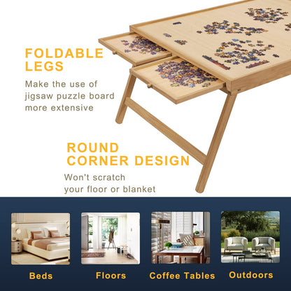 TEAKMAMA 1500 Piece Wooden Jigsaw Folding Puzzle Board, Puzzle Table with Legs and Protective Cover, 34” X 26.3” Jigsaw Puzzle Board with 4 Drawers & Cover, Portable Puzzle Tables for Adults  - WoodArtSupply