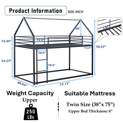 PVWIIK Twin Over Twin Metal Floor Bunk Bed with Safety Guardrails and Roof Design for Kids,Girls, Boys,House Shaped Bunk Bed Frame,No Box Spring Required,Black