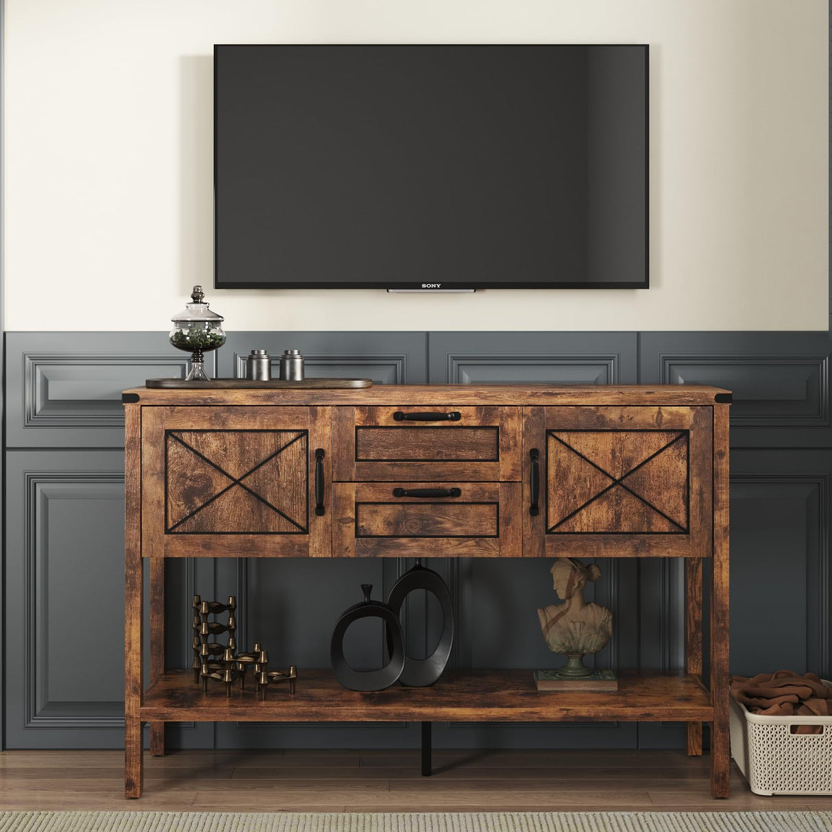 Maupvit Console Table with Storage，Farmhouse Sideboard Buffet Cabinet Kitchen Sideboard Cabinet with Storage Drawers and Bottom Shelf (Brown) Maupvit