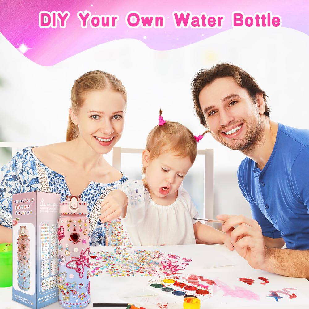 Decorate Your Own Water Bottle Kits for Girls, Birthday Gift for Girls, 4-12 Year Old Girl Gifts, Girls Water Bottle and DIY Gem Stickers with Crafts Kits for Girls, Valentines Easter Gift for Girls Liwidon