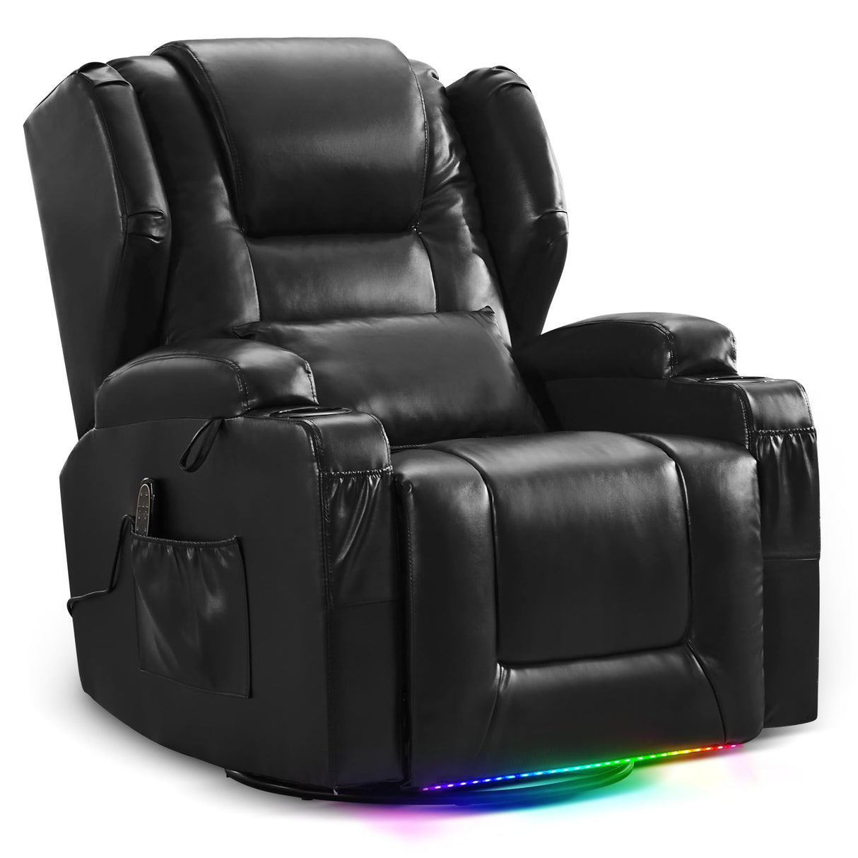 DRMBOOK Leather Rocker Recliner Chairs for Adults, 360° Swivel Rocking Theater Seating with Heat and Massage, Oversized Single Sofa with Led Lights for Living Room (Black,Single Chair) DRMBOOK
