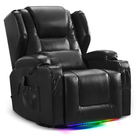 DRMBOOK Leather Rocker Recliner Chairs for Adults, 360° Swivel Rocking Theater Seating with Heat and Massage, Oversized Single Sofa with Led Lights for Living Room (Black,Single Chair) DRMBOOK