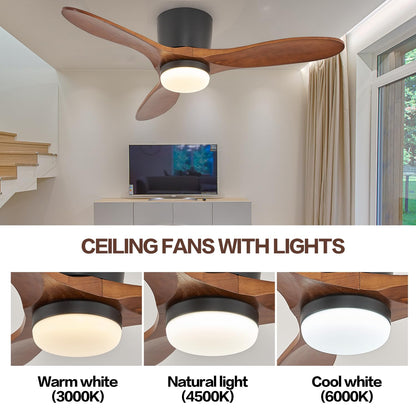 TRSIOPFC 42 Inch Flush Mount Ceiling Fan with Lights 3 Wood Fan Blade Noiseless Reversible DC Motor Remote Control Flush Mount Ceiling Fan with Light for Farmhouse Modern Style - WoodArtSupply