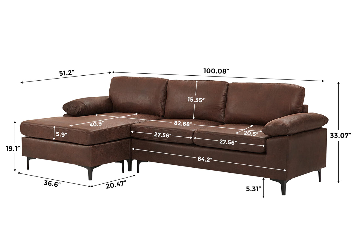 VANOMi 100" Sectional Couch for Living Room, Modern Faux Leather Modular Sectional Sofa 3-Seater Convertible Sofa with Chaise for Apartment, Right/Left-L-Shaped, Dark Brown VANOMi