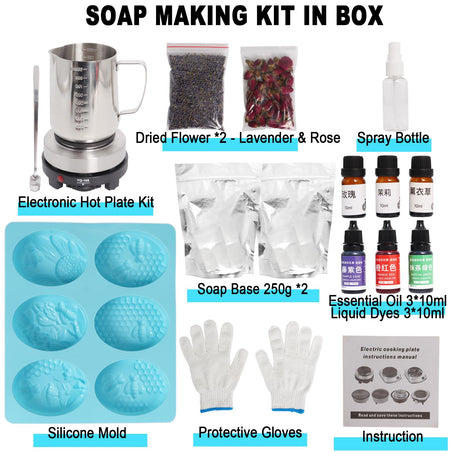 Femitu Soap Making Kit with Electronic Hot Plate, DIY Soap Making Supplies for Adults and Beginners, Including Silicon Soap Mold, 1.1 lb Glycerin Soap Base, Pouring Pot Femitu