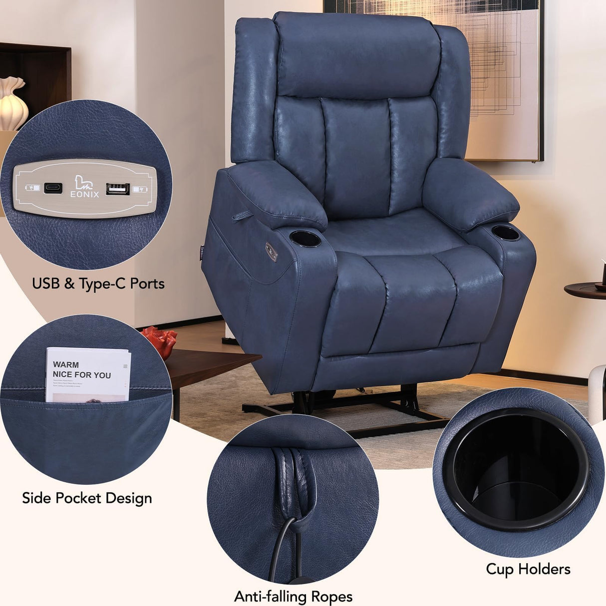 EONIX Dual Motor Oversized Power Lift Recliner Chair for Elderly, 400lbs Heavy Duty Faux Leather Recliner with Massage and Heat, Big and Tall Lay Flat Lift Chair with Cup Holders, SLRY006, Navy Blue EONIX
