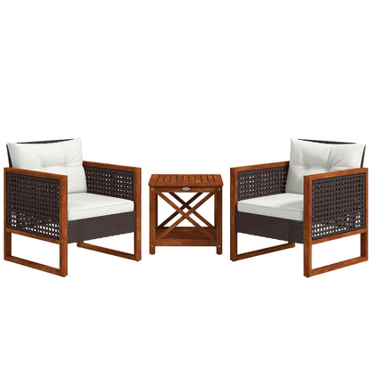 Outsunny 3 Pieces Patio Bistro Set Wooden with Cushions, PE Wicker Patio Furniture Outdoor for Porch, Backyard, Garden, Brown - WoodArtSupply